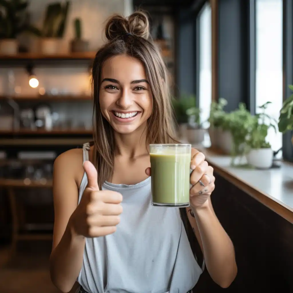 Šťastná mladá žena, ktorá si užíva Matcha Slim